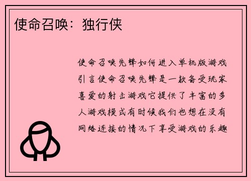 使命召唤：独行侠